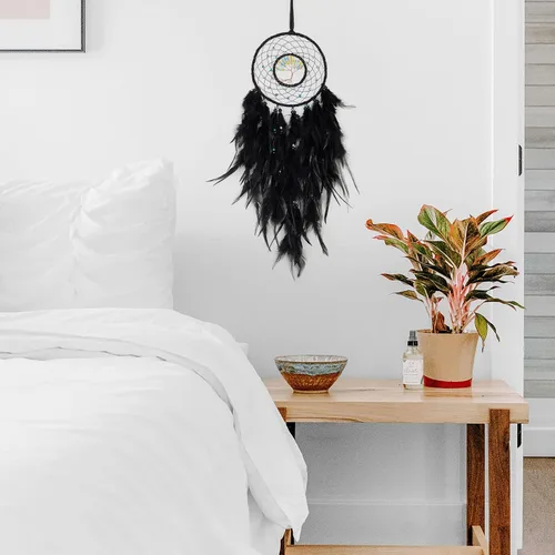 Miniatura 5 de Atrapasueños de árbol de la vida negro de ensueño con piedra de cristal curativo hecha a mano, atrapasueños, decoración para colgar en la pared
