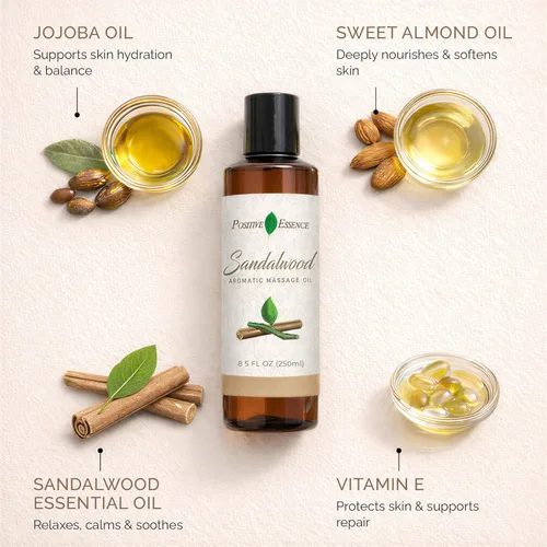 Miniatura 2 de Aceite de masaje de sándalo, hecho con jojoba, vitamina E y aceite esencial de sándalo puro, relajación natural para cuerpo y mente, aromático