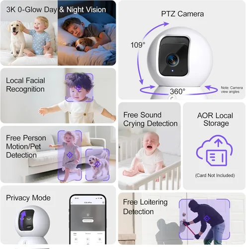 Miniatura 2 de Cámara de Seguridad 5G Interior Paquete de 2, Seguimiento de IA con Reconocimiento Facial Sin Tarifa Mensual, Cámara 3K para Mascotas/Perros