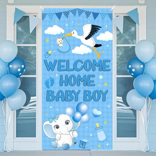 Cartel de bienvenida a casa para bebé, decoración con texto en inglés "It's a boy", cartel de bienvenida para puerta de bebé, elefante azul,