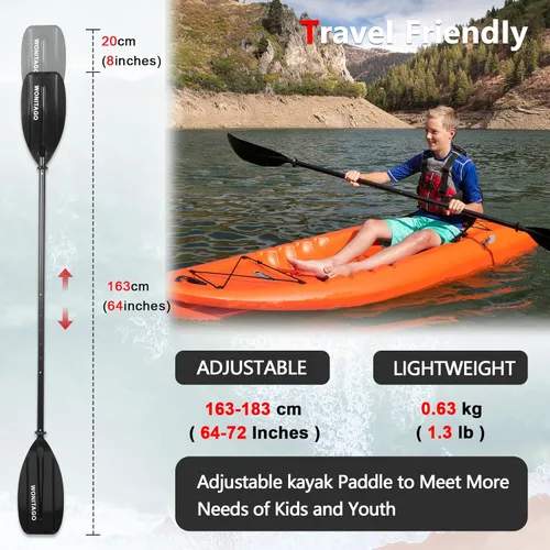 Miniatura 5 de Paletas de kayak para niños con eje de aluminio y hoja de polipropileno, remos flotantes de kayak para jóvenes y jóvenes, ajustables 64.2-72.0 Negro