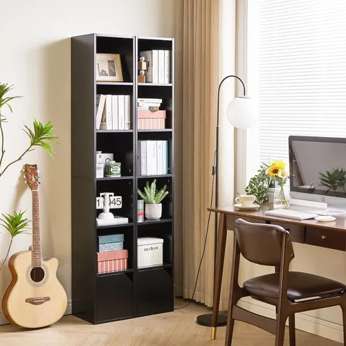Miniatura 2 de IBUYKE Estantería estrecha de 6 niveles con puertas, gabinete de almacenamiento en cubo, CD y DVD, estante delgado de torre multimedia, gabinete