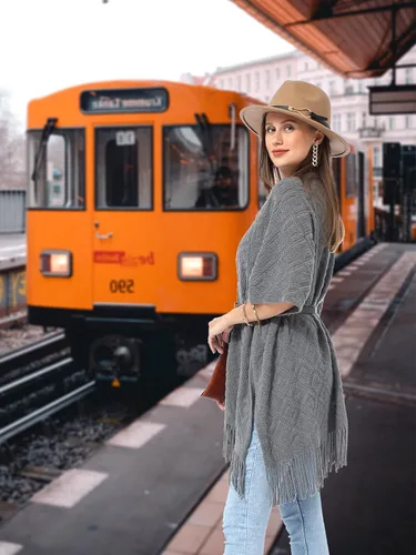 Miniatura 32 de Soul Young - Chal de punto para mujer, poncho con flecos y capa