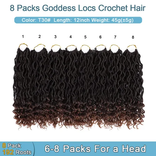 Miniatura 4 de Cabello de Ganchillo Goddess Locs - 8 Paquetes de 12 Pulgadas de Cabello Rizado Faux Locs de Ganchillo para Mujeres Negras, Cabello Rizado 1B-30#