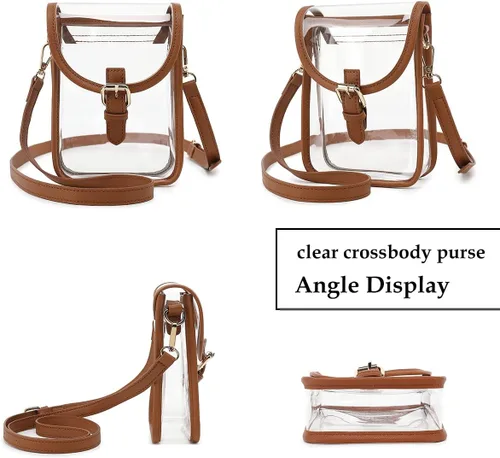 Miniatura 6 de FAIME Pequeña bolsa transparente aprobada para estadios, bolsa cruzada transparente para teléfono celular con correa ajustable para conciertos Marrón