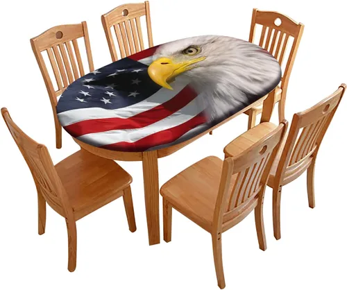 Manteles Ovalados Ajustables del 4 de Julio, Cubiertas de Mesa con Borde Elástico de Águila Calva Americana sobre Bandera, Se Ajusta a Mesas de