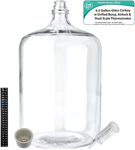 Miniatura 2 de Home Brew Ohio Carboy de vidrio de 6.5 galones con tapón perforado, esclusa de aire de tres piezas y termómetro de doble escala