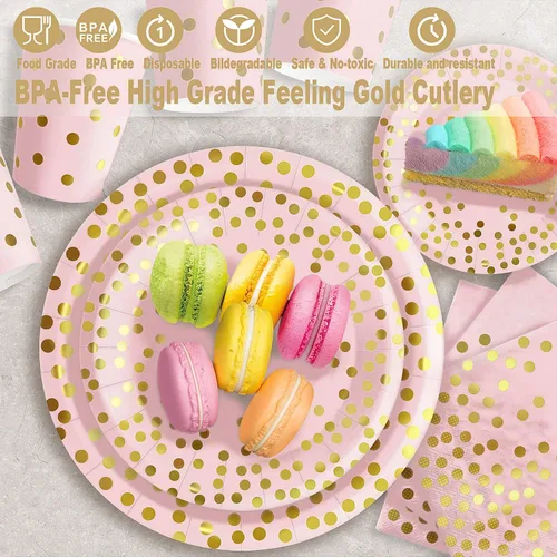 Miniatura 3 de AIRE 175 piezas platos de oro rosa suministros de fiesta sirve para 25 invitados decoraciones de fiesta desechables, tenedores cuchillos cucharas