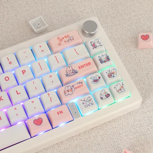 Miniatura 5 de Animal Rabbit - Lindas teclas de conejo personalizadas para teclado mecánico, 130 teclas de sublimación de tinte PBT (conejo rosa)