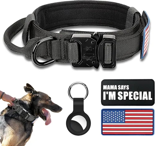 Miniatura 13 de Collar táctico militar para perro, nailon ajustable, hebilla de metal resistente con asa para entrenamiento, parches (verde, XL)