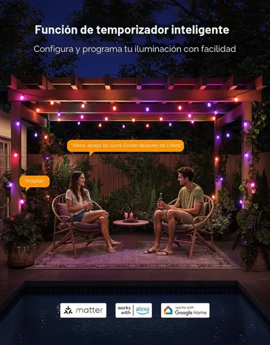 Miniatura 6 de Govee Guirnalda de luces S14 para exteriores, luces inteligentes RGBIC de 48 pies de color blanco cálido con 15 bombillas LED, 111 modos de escena
