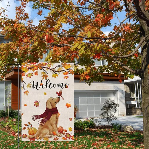 Miniatura 2 de Bandera de jardín de bienvenida de otoño de 12 x 18 pulgadas de doble cara de arpillera, banderas de patio Golden Retriever Dog Cardinal