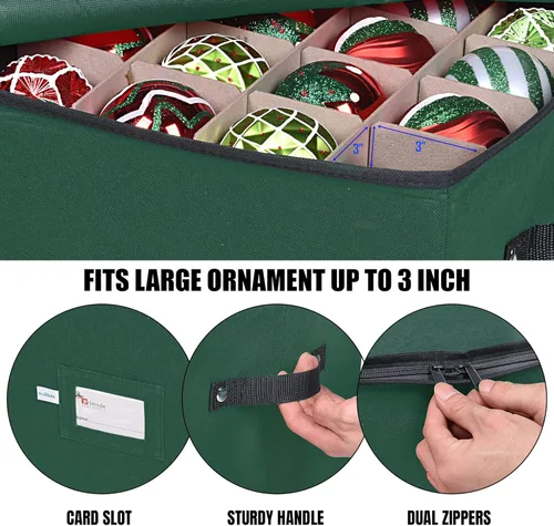 Miniatura 4 de Caja de almacenamiento para adornos navideños, 4 capas, se adapta a 64 bolas de ornamentos, fabricada con material Oxford 600D duradero Verde