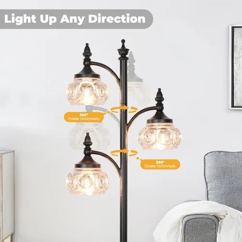 Miniatura 4 de JUNNAI Lámpara de pie negra para sala de estar, lámpara de pie alta, regulable, con 3 luces giratorias, pantalla de cristal, lámpara de esquina Negro