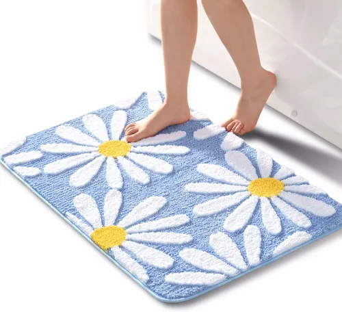 Miniatura 32 de QJHOMO Alfombra de baño azul con diseño de margaritas, decoración de flores blancas y amarillas, alfombra antideslizante de microfibra, súper Azul