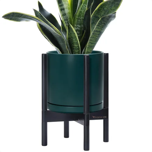 Miniatura 92 de D'vine Dev Maceta de cerámica con soporte de ébano – Maceta redonda moderna de 8 pulgadas con soporte para maceta de madera, color negro, 55-B-M-2