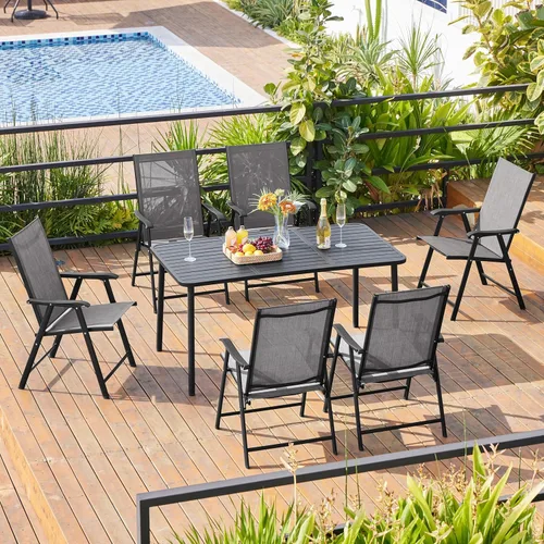 Miniatura 2 de Yaheetech Juego de 2 sillas de comedor para patio con reposabrazos, sillas plegables para exteriores con marco de metal y respaldo para césped, Gris