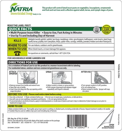 Miniatura 8 de Jabón insecticida Natria, tratamiento listo para usar para insectos de jardín, insecticida para plantas de interior y exterior, 1 galón