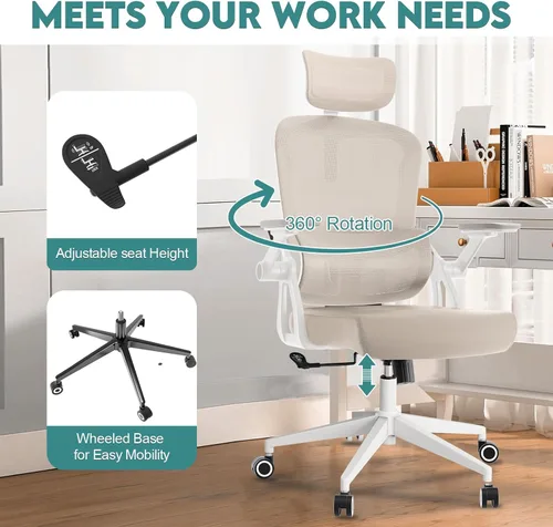 Miniatura 8 de Ergonomic Office Desk Chair, 90°-125° Tilt Back Home Desk Chair with 360° Swivel & Mute Wheels, High Back Mesh Computer Chair for Adults with Lumbar