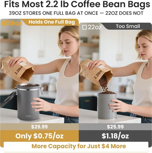 Miniatura 3 de Veken Recipiente para café, 39OZ grande, contenedor hermético de acero inoxidable para almacenamiento de alimentos para 2.2lbs de café en grano, Gris