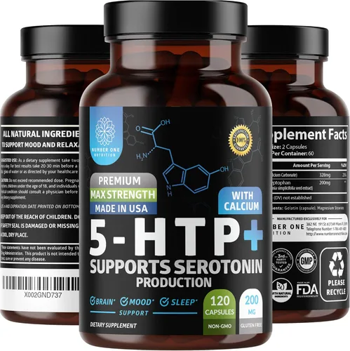N1N Premium 5-HTP 200 mg más calcio para dormir y apoyar el estado de ánimo, de extracto de semillas de Griffonia, sin OMG y sin gluten, 120 cápsulas