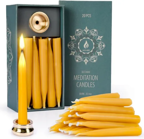 Velas de cera de abeja pura de 20 minutos, velas de meditación sin goteo, mini velas cónicas, juego de 20 con portavelas de latón.