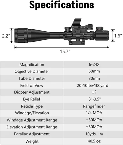 Miniatura 3 de MidTen Combo de alcance de rifle AO de 6-24x50, óptica de alcance doble iluminado con vista holográfica de punto rojo y verde, mira láser IIIA/2MW