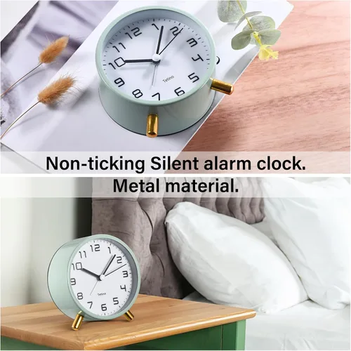 Miniatura 5 de Tetino Reloj despertador analógico, retro de metal, silencioso, sin tictac, con luz nocturna, funciona con pilas, diseño simple, para dormitorios