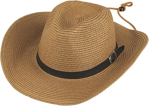 Miniatura 12 de Sombrero de vaquero de paja para hombres y mujeres, sombrero de sol de ala ancha, sombrero de vaquera Panamá con correa para la barbilla, sombrero