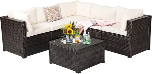 Miniatura 24 de Tangkula Juego de muebles de mimbre de patio de 7 piezas, juego de sofá modular de ratán para 6 personas con cojines de asiento y respaldo, 2 Azul