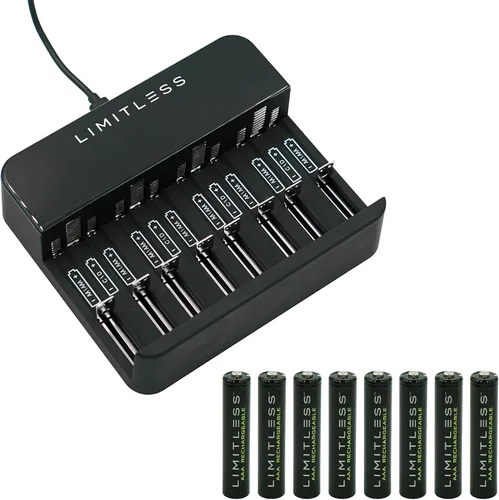 Miniatura 9 de Limitless Pilas recargables AA de 8 unidades con cargador, baterías NiMH de alta capacidad de 2700 mAh universales y sistema de carga