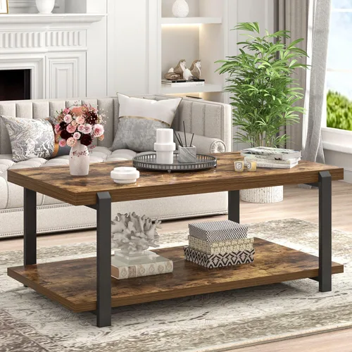 Miniatura 3 de FOLUBAN Mesa de centro moderna, mesa central de madera rústica con almacenamiento para sala de estar, rectangular industrial de 2 niveles, mesa