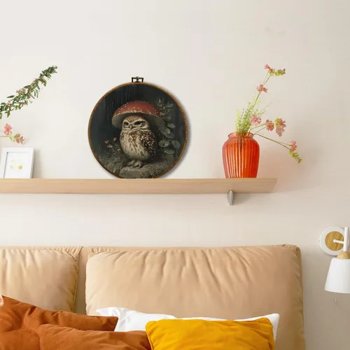 Miniatura 6 de JUIOEIU Decoración de pared redonda de búho de hongo con núcleo de cabaña, impresiones en lienzo enmarcadas con diseño de búho lluvioso oscuro