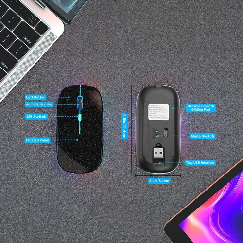Miniatura 4 de AIKOKOK Ratón Inalámbrico Bluetooth Recargable para Laptop con LED Portátil (BT5.2 y USB 2.4G) Conexión de Modo Dual Ratón Silencioso Delgado