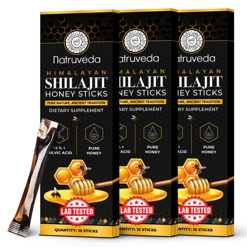 Natruveda, Himalayan Shilajit - Palitos de miel para hombres y mujeres, 75% más de ácido fúlvico y oligominerales, miel cruda, azafrán y resina