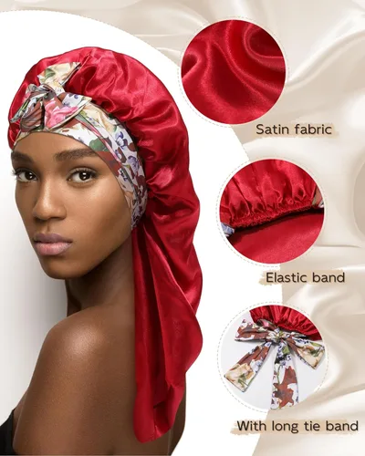 Miniatura 3 de Gorro largo de satén para trenzas, capó de seda para dormir, banda elástica para mujeres negras, cabello rizado Borgoña