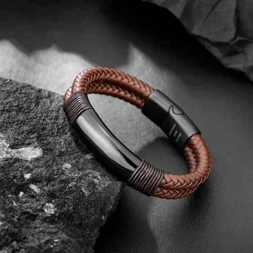 Miniatura 5 de murtoo Pulsera para hombre de cuero y acero, pulseras trenzadas de doble fila para hombres con cierre magnético de acero inoxidable, regalo elegante