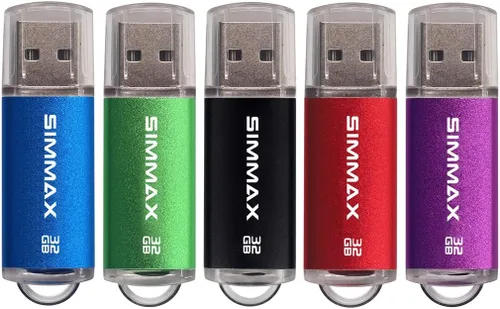 SIMMAX Paquete de 5 unidades flash USB 2.0 de 32 GB con indicador LED (azul verde, negro, rojo y morado)