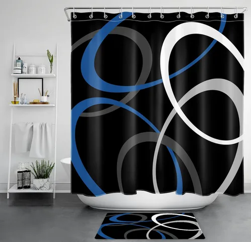 Miniatura 19 de EOBTAIN Cortina de ducha con patrón geométrico azul para baño, cortina de ducha abstracta gris y blanca sobre tela negra con 10 ganchos, cortinas