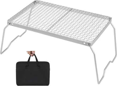 Miniatura 9 de YETO Parrilla de camping de dos alturas con patas de acero inoxidable 304 plegable para fogata sobre fuego portátil y bolsa de transporte