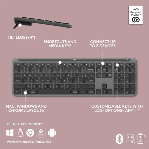 Miniatura 10 de Logitech MK955 Signature Slim - Combo de teclado y mouse inalámbricos delgados, para manos más grandes, escritura y clics silenciosos, cambia entre