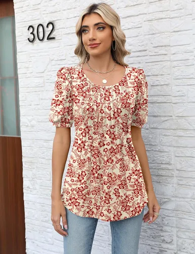 Miniatura 2 de LOMON Blusa de manga larga y corta para mujer, plisada, cuello redondo, estilo casual, holgada, para otoño