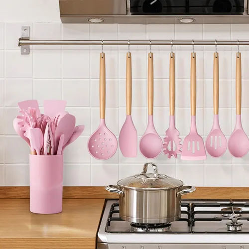 Miniatura 7 de LIANYU - Juego de utensilios de cocina de silicona, 15 piezas, resistentes al calor, con soporte, utensilios de cocina para utensilios de cocina Rosa
