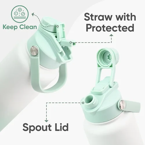 Miniatura 3 de KEWIXY Botella de agua aislada de 18 onzas con pajilla, tapa 2 en 1, popote y boquilla, a prueba de fugas, soporte para vasos, acero inoxidable