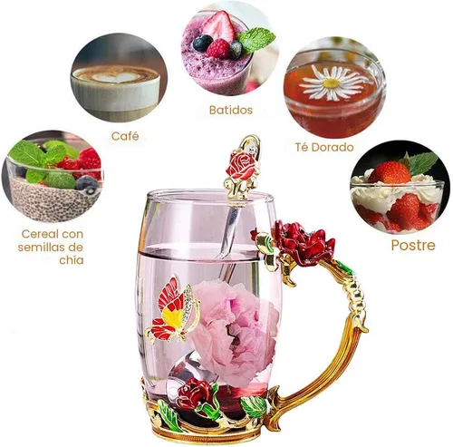 Miniatura 6 de Regalos de Cumpleaños para Mujeres, Taza de Té de Vidrio con Flor de Mariposa Esmaltada Taza de Café Roja Rosa, Regalos Lindos para Mamá Abuela Rojo