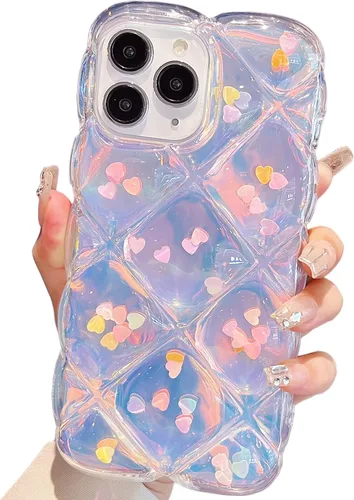 Miniatura 11 de Qokey Funda para iPhone XR de 6.1 pulgadas, lindo láser gradual Bling Love Heart Glitter Clear+Translucent Card Soft Wave Frame Anticaída 3D gruesa