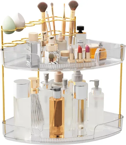 Miniatura 12 de FELIZHOUSE Organizador de maquillaje de 2 niveles para tocador y encimera de baño, estante de almacenamiento de acrílico con bandeja de perfume