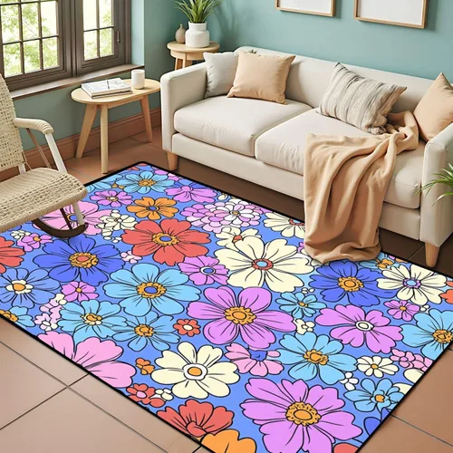 Alfombra colorida estilo retro de los años 60 y 70 dibujada a mano, floral, lila, púrpura, flores, alfombra de juego para exteriores, alfombra de