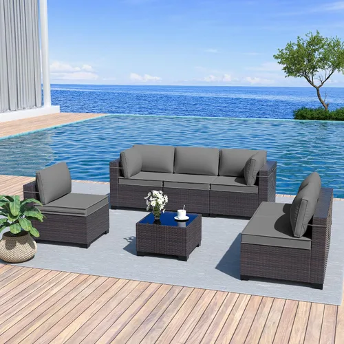 Miniatura 73 de Kurapika juego de muebles de patio 4 piezas de mimbre al aire libre, sillas de ratán, juego informal con mesa de café, juego de bistró con mecedora