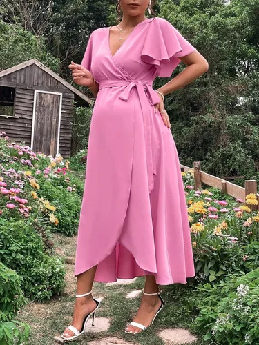 Miniatura 4 de Verdusa Vestido largo cruzado de maternidad para mujer, manga de mariposa, acampanado, con cinturón